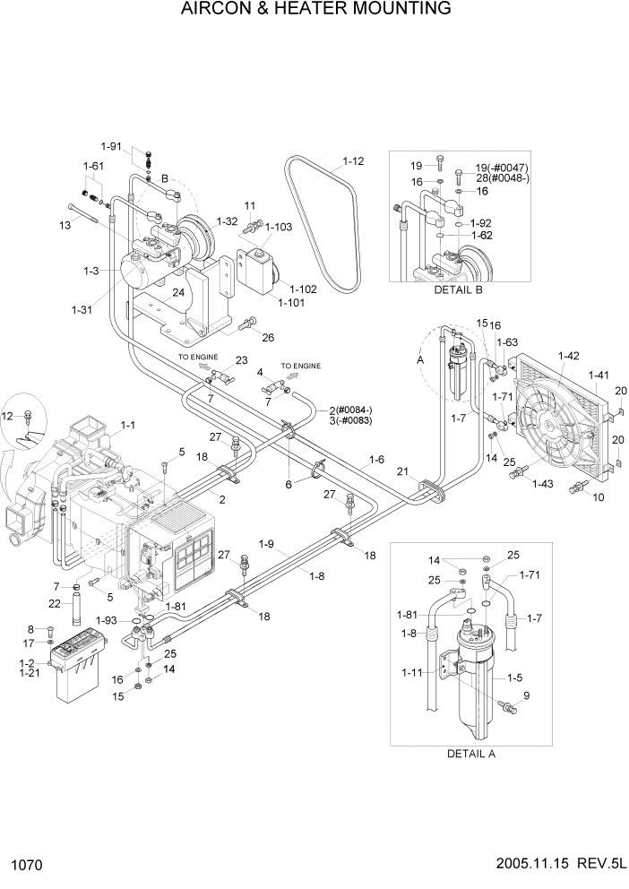 Схема запчастей Hyundai HL757-7 - PAGE 1070 AIRCON & HEATER MOUNTING СИСТЕМА ДВИГАТЕЛЯ