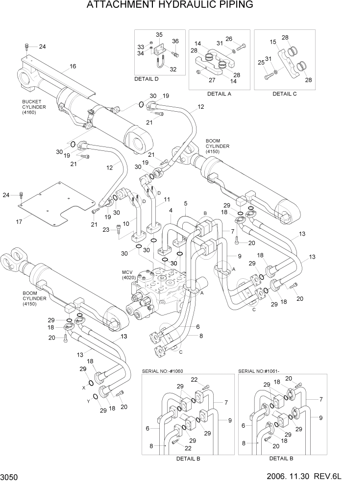 Схема запчастей Hyundai HL757-7 - PAGE 3050 ATTACHMENT HYDRAULIC PIPING ГИДРАВЛИЧЕСКАЯ СИСТЕМА