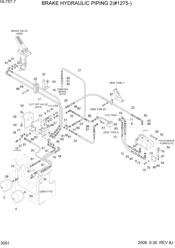 Схема запчастей Hyundai HL757-7 - PAGE 3091 BRAKE HYDRAULIC PIPING 2(#1275-) ГИДРАВЛИЧЕСКАЯ СИСТЕМА