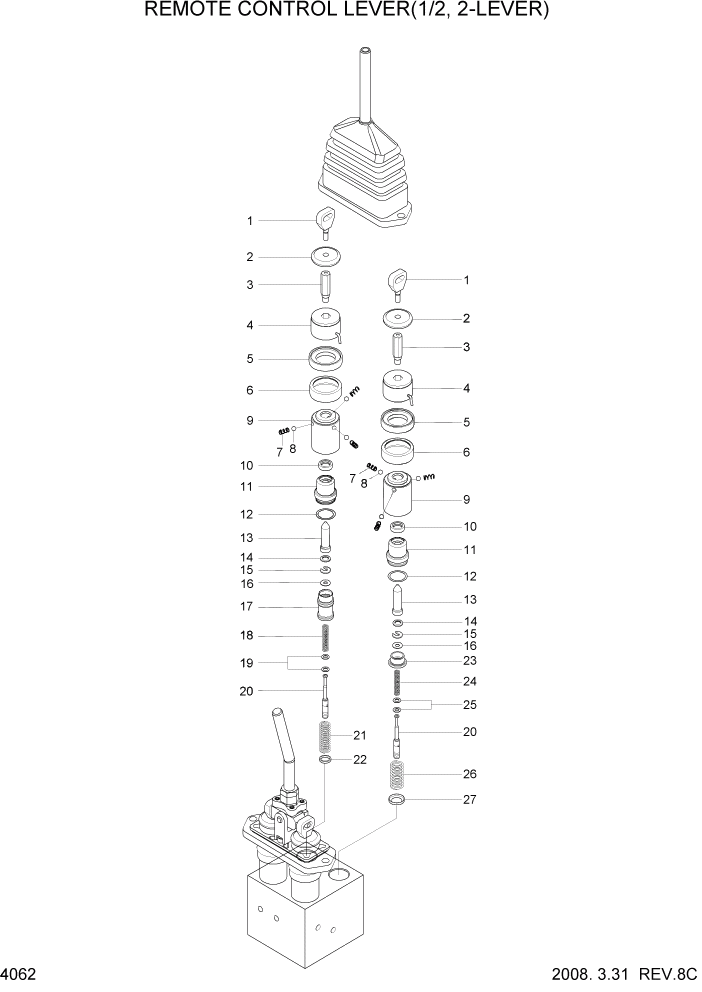 Схема запчастей Hyundai HL757-7 - PAGE 4062 REMOTE CONTROL LEVER(1/2, 2-LEVER) ГИДРАВЛИЧЕСКИЕ КОМПОНЕНТЫ