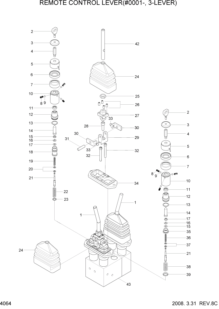 Схема запчастей Hyundai HL757-7 - PAGE 4064 REMOTE CONTROL LEVER(#0001-, 3-LEVER) ГИДРАВЛИЧЕСКИЕ КОМПОНЕНТЫ