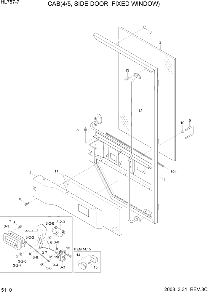 Схема запчастей Hyundai HL757-7 - PAGE 5110 CAB(4/5, SIDE DOOR, FIXED WINDOW) СТРУКТУРА