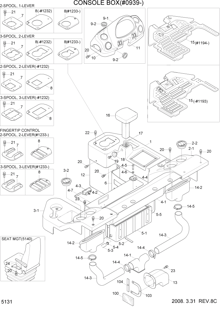 Схема запчастей Hyundai HL757-7 - PAGE 5131 CONSOLE BOX(#0939-) СТРУКТУРА