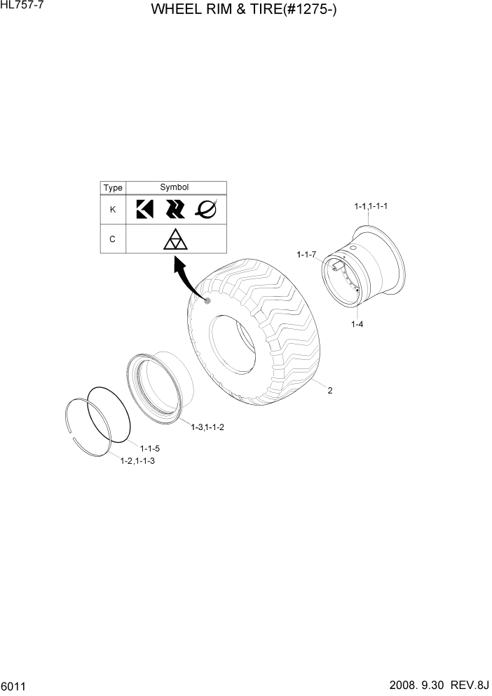 Схема запчастей Hyundai HL757-7 - PAGE 6011 WHEEL RIM & TIRE(#1275-, ZF) СИЛОВАЯ СИСТЕМА