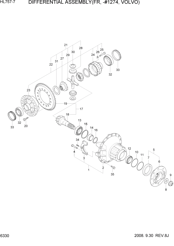 Схема запчастей Hyundai HL757-7 - PAGE 6330 DIFFERENTIAL ASSEMBLY(FR, -#1274, VOLVO) СИЛОВАЯ СИСТЕМА