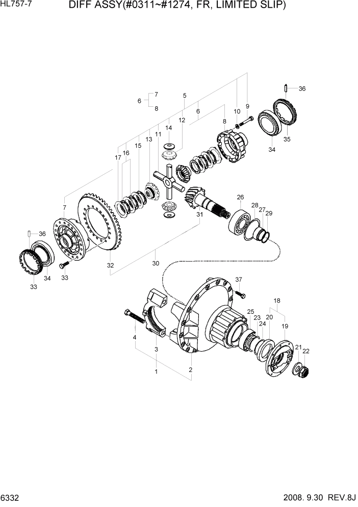 Схема запчастей Hyundai HL757-7 - PAGE 6332 DIFF ASSY(#0311-#1274, FR, LIMITED SLIP) СИЛОВАЯ СИСТЕМА