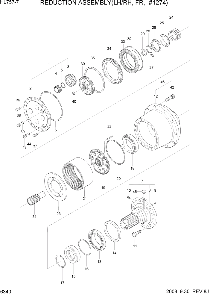 Схема запчастей Hyundai HL757-7 - PAGE 6340 REDUCTION ASSEMBLY(LH/RH, FR, -#1274) СИЛОВАЯ СИСТЕМА