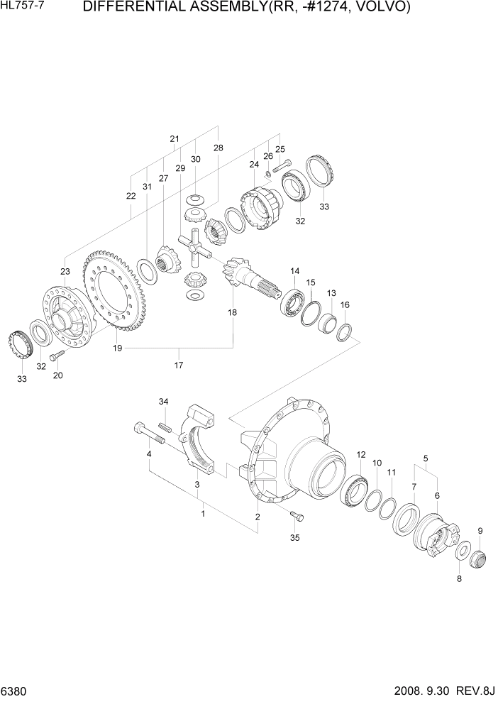 Схема запчастей Hyundai HL757-7 - PAGE 6380 DIFFERENTIAL ASSEMBLY(RR, -#1274, VOLVO) СИЛОВАЯ СИСТЕМА