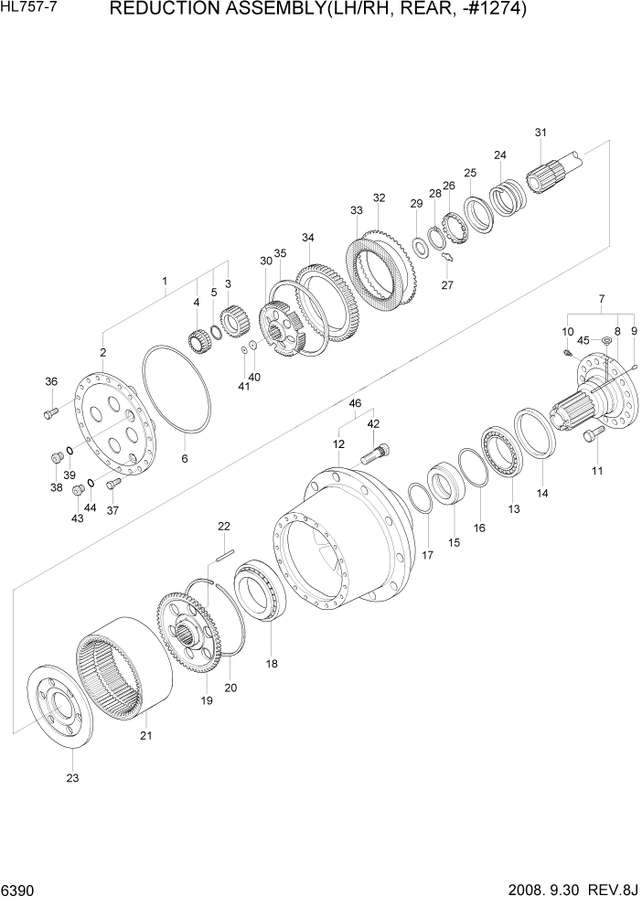 Схема запчастей Hyundai HL757-7 - PAGE 6390 REDUCTION ASSEMBLY(LH/RH, REAR, -#1274) СИЛОВАЯ СИСТЕМА