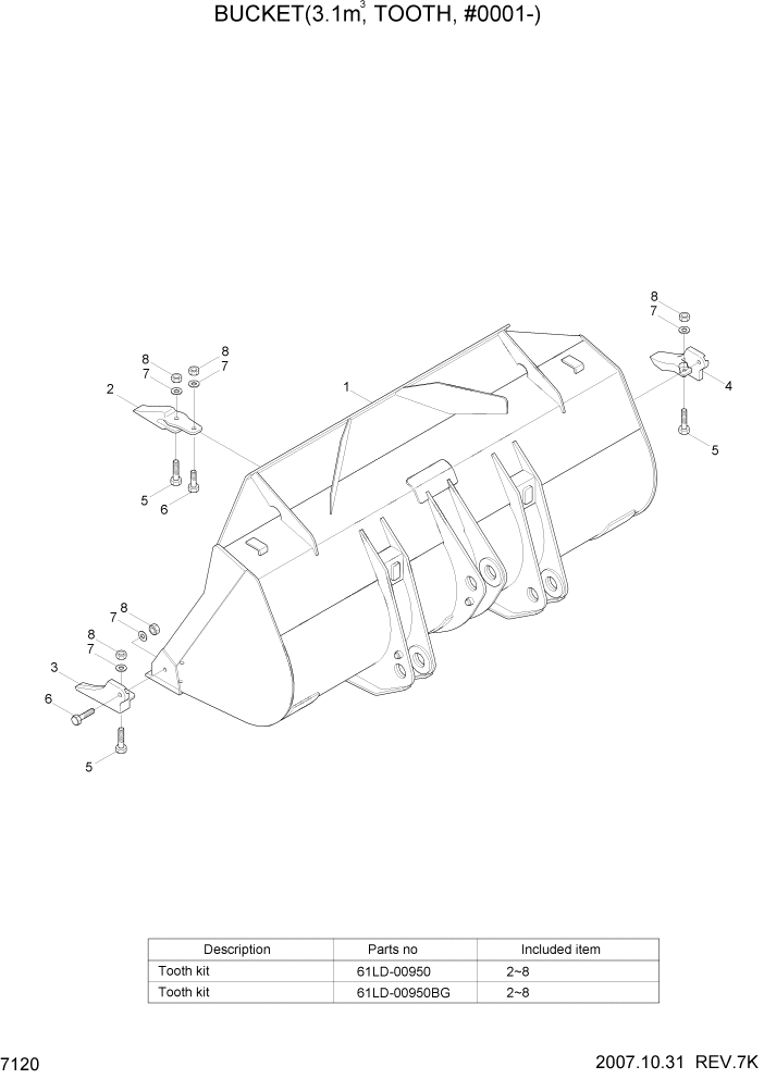 Схема запчастей Hyundai HL757-7 - PAGE 7120 BUCKET(3.1M3, TOOTH, #0001-) РАБОЧЕЕ ОБОРУДОВАНИЕ