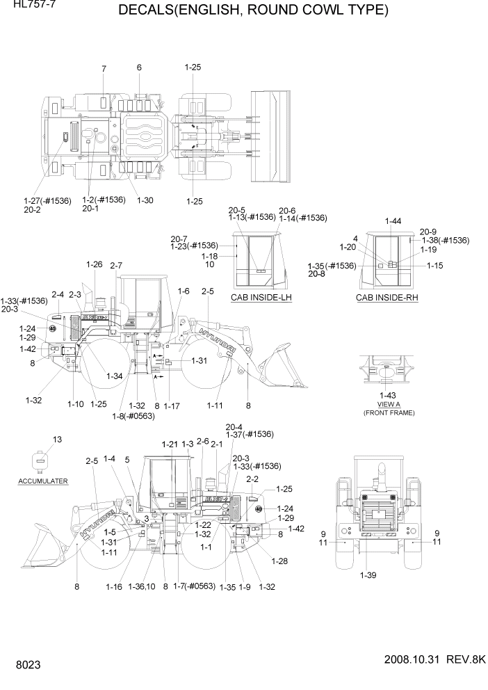 Схема запчастей Hyundai HL757-7 - PAGE 8023 DECALS(ENGLISH, ROUND COWL TYPE) ДРУГИЕ ЧАСТИ