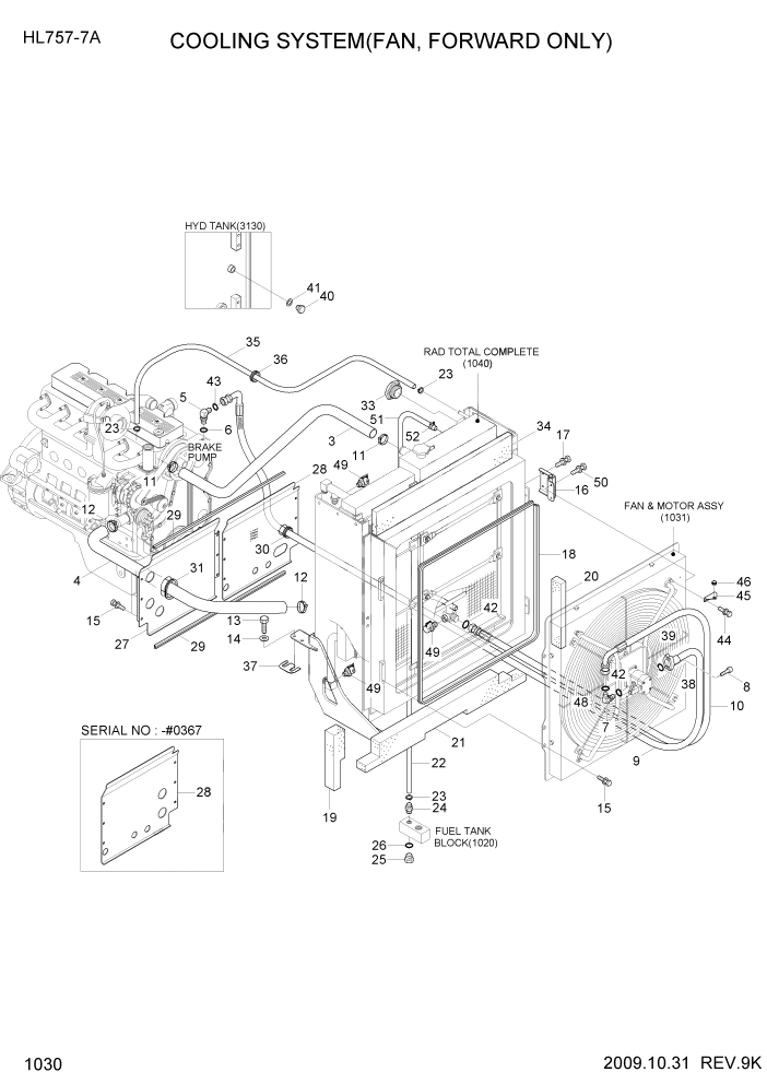 Схема запчастей Hyundai HL757-7A - PAGE 1030 COOLING SYSTEM(FAN, FORWARD ONLY) СИСТЕМА ДВИГАТЕЛЯ