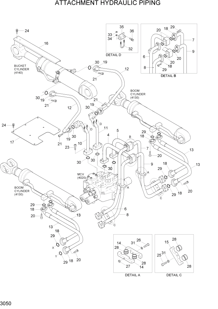 Схема запчастей Hyundai HL757-7A - PAGE 3050 ATTACHMENT HYDRAULIC PIPING ГИДРАВЛИЧЕСКАЯ СИСТЕМА