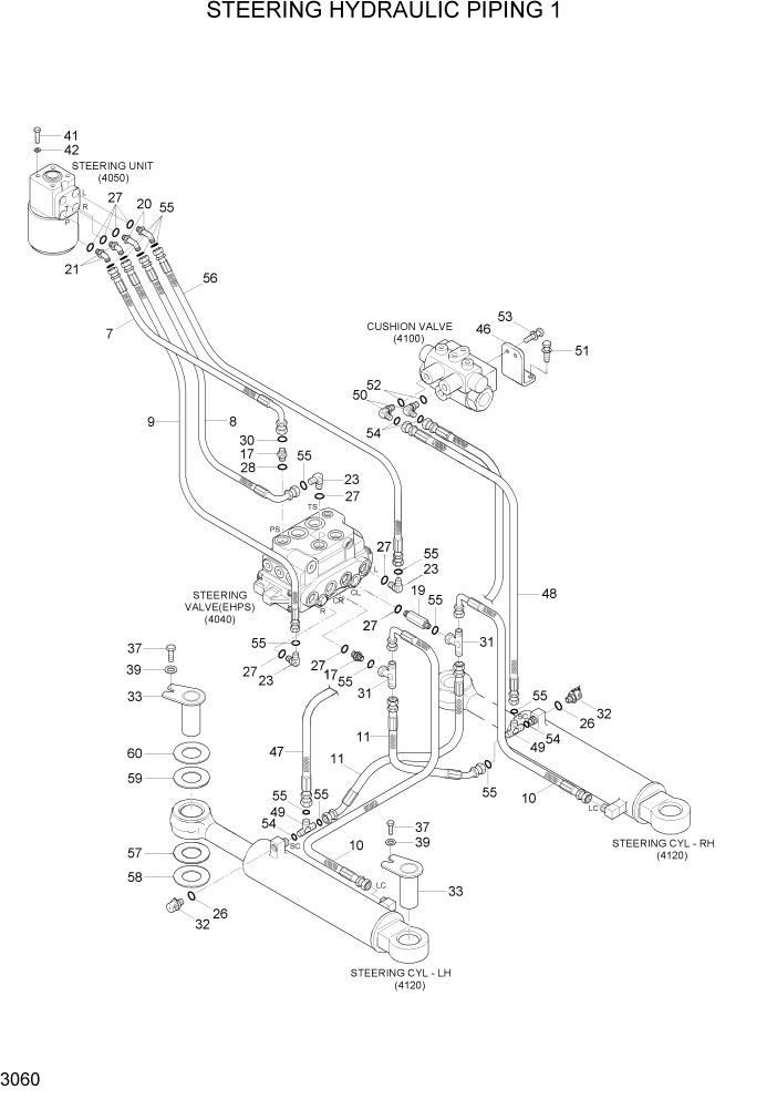 Схема запчастей Hyundai HL757-7A - PAGE 3060 STEERING HYDRAULIC PIPING 1 ГИДРАВЛИЧЕСКАЯ СИСТЕМА