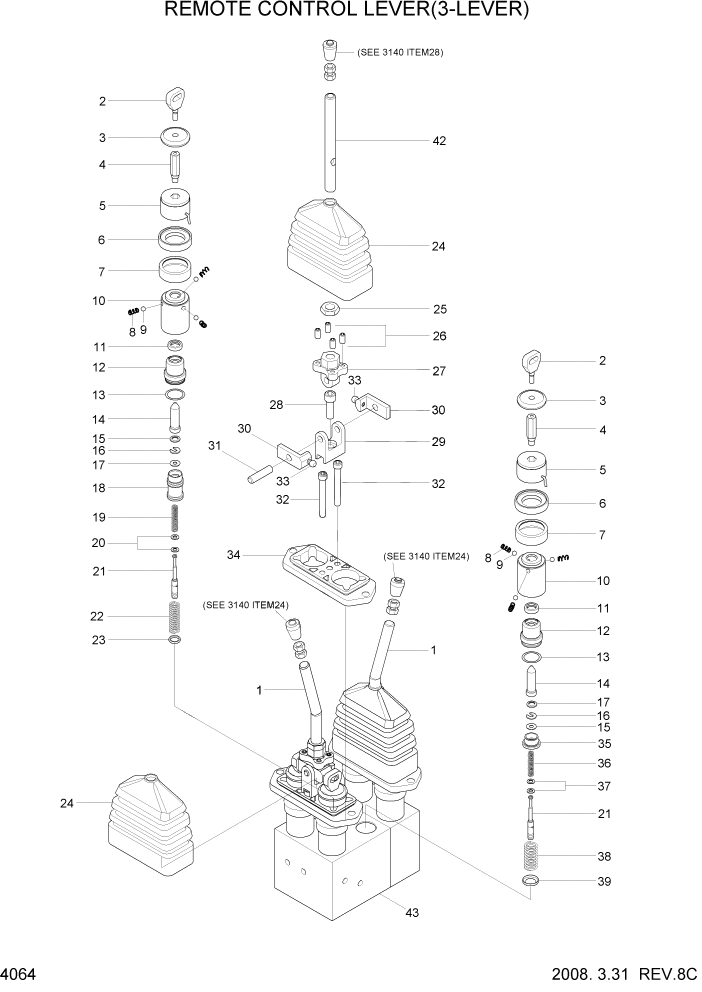 Схема запчастей Hyundai HL757-7A - PAGE 4064 REMOTE CONTROL LEVER(3-LEVER) ГИДРАВЛИЧЕСКИЕ КОМПОНЕНТЫ