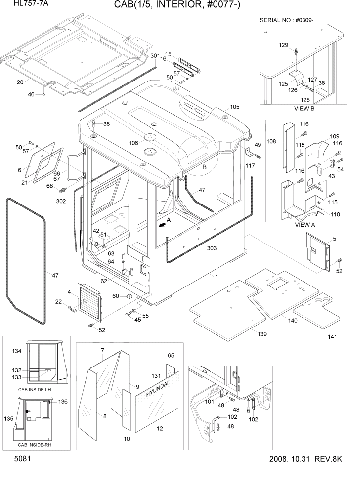 Схема запчастей Hyundai HL757-7A - PAGE 5081 CAB(1/5, INTERIOR, #0077-) СТРУКТУРА