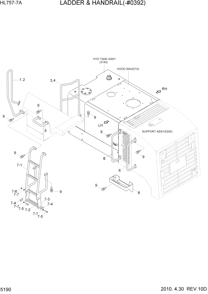 Схема запчастей Hyundai HL757-7A - PAGE 5190 LADDER & HANDRAIL(-#0392) СТРУКТУРА