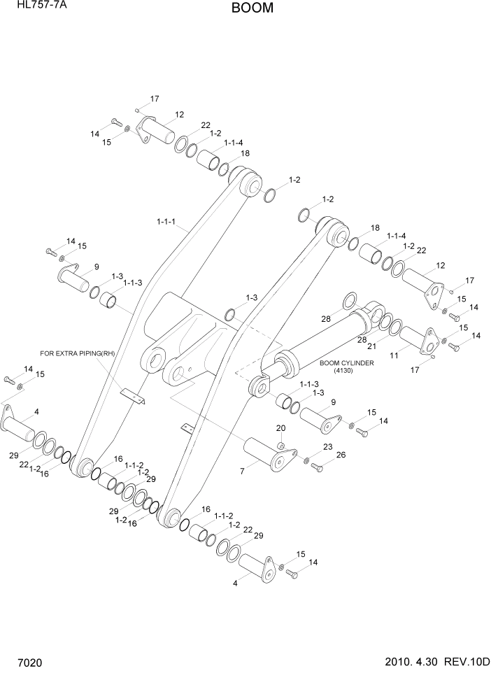 Схема запчастей Hyundai HL757-7A - PAGE 7020 BOOM РАБОЧЕЕ ОБОРУДОВАНИЕ