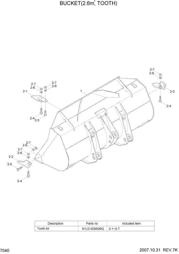 Схема запчастей Hyundai HL757-7A - PAGE 7040 BUCKET(2.6M3, TOOTH) РАБОЧЕЕ ОБОРУДОВАНИЕ