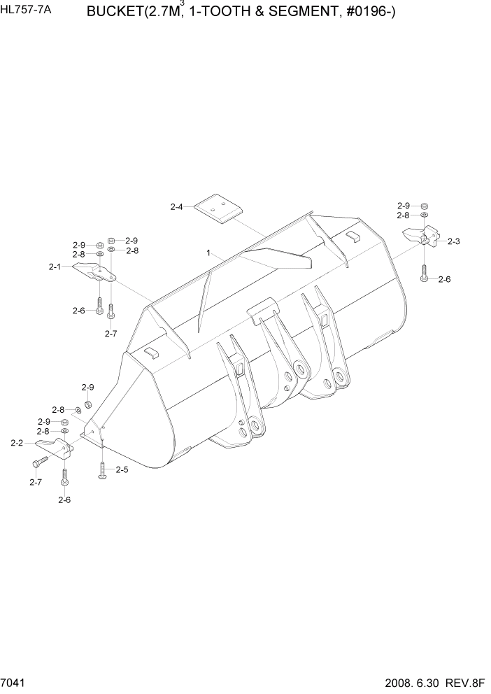 Схема запчастей Hyundai HL757-7A - PAGE 7041 BUCKET(2.7M3, 1-TOOTH & SEGMENT) РАБОЧЕЕ ОБОРУДОВАНИЕ