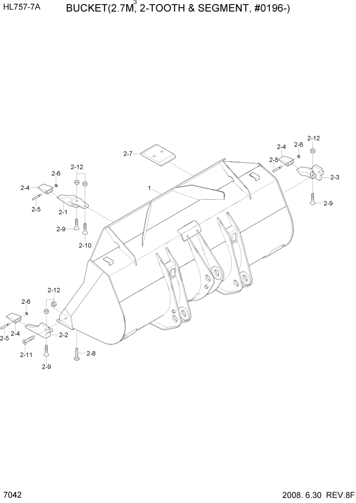 Схема запчастей Hyundai HL757-7A - PAGE 7042 BUCKET(2.7M3, 2-TOOTH & SEGMENT) РАБОЧЕЕ ОБОРУДОВАНИЕ