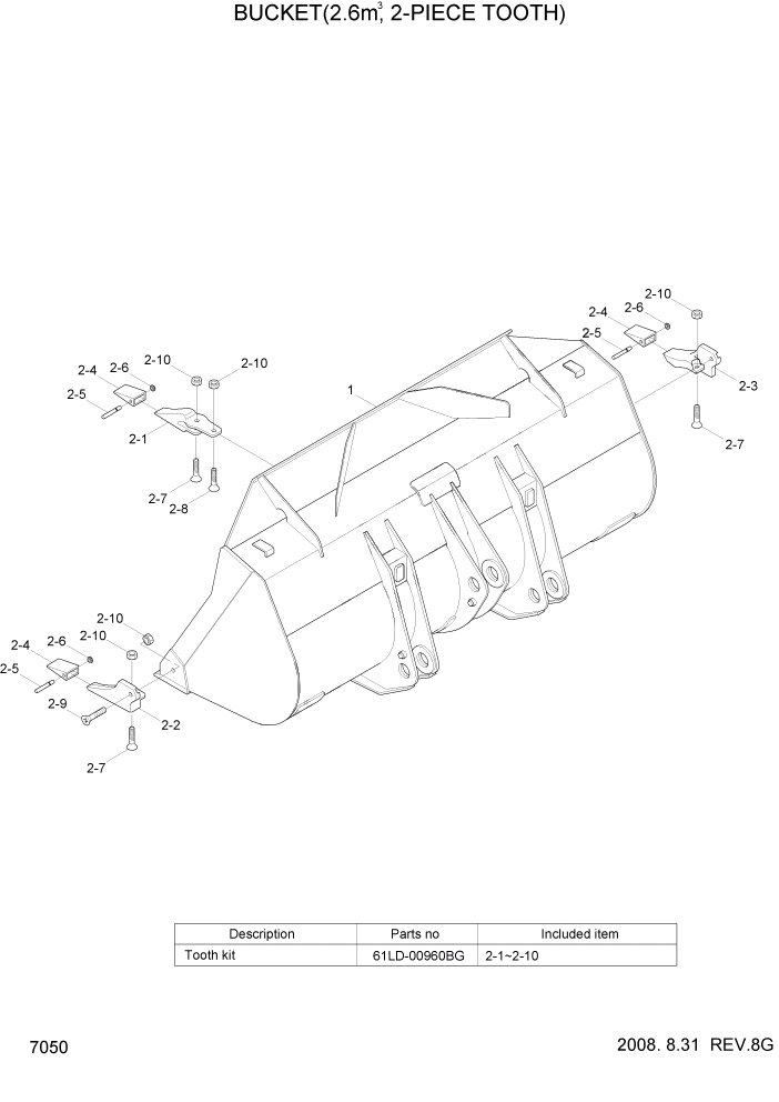 Схема запчастей Hyundai HL757-7A - PAGE 7050 BUCKET(2.6M3, 2-PIECE TOOTH) РАБОЧЕЕ ОБОРУДОВАНИЕ