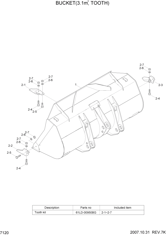 Схема запчастей Hyundai HL757-7A - PAGE 7120 BUCKET(3.1M3, TOOTH) РАБОЧЕЕ ОБОРУДОВАНИЕ