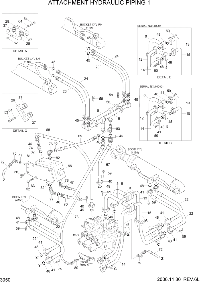 Схема запчастей Hyundai HL757TM7 - PAGE 3050 ATTACHMENT HYDRAULIC PIPING 1 ГИДРАВЛИЧЕСКАЯ СИСТЕМА