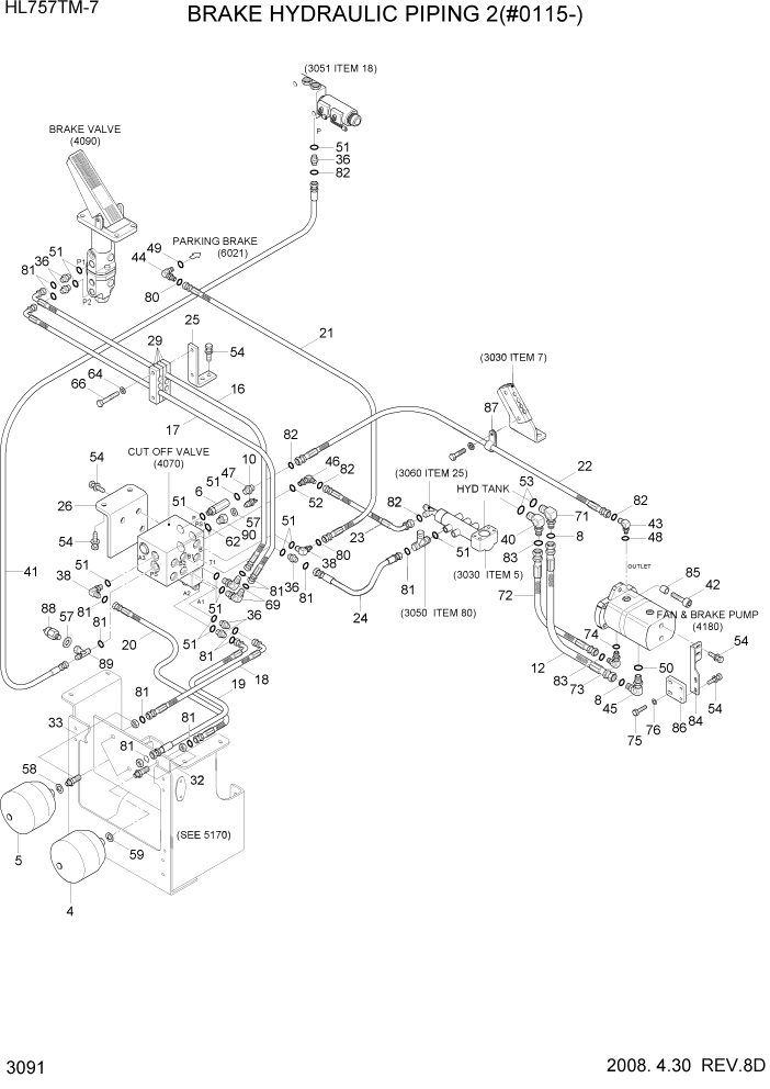 Схема запчастей Hyundai HL757TM7 - PAGE 3091 BRAKE HYDRAULIC PIPING 2(#0115-) ГИДРАВЛИЧЕСКАЯ СИСТЕМА