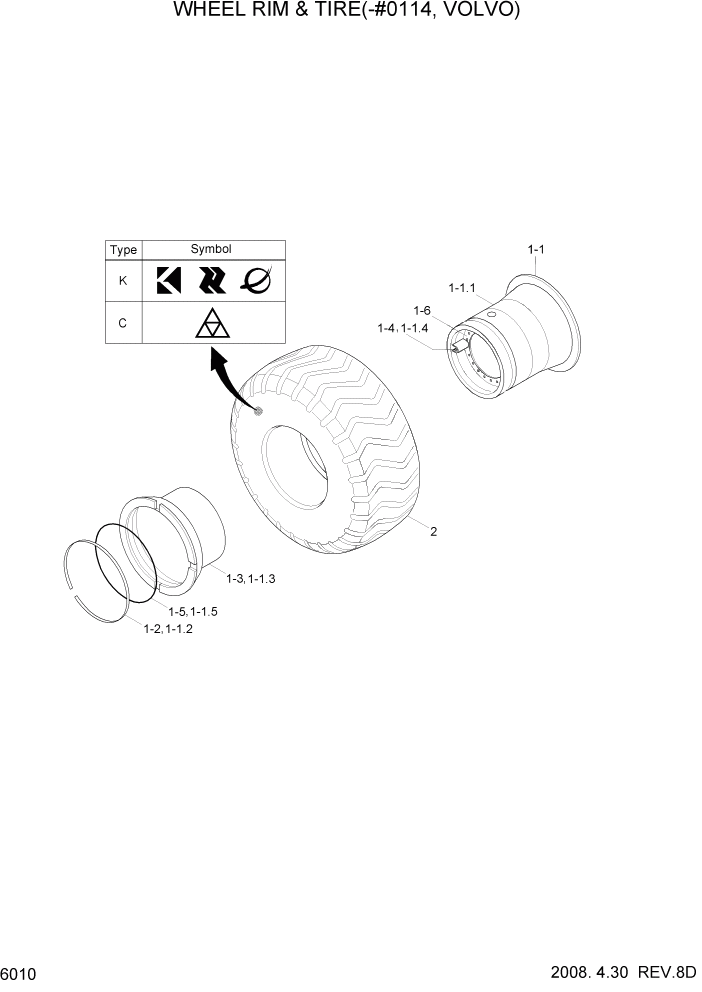 Схема запчастей Hyundai HL757TM7 - PAGE 6010 WHEEL RIM & TIRE(-#0114, VOLVO) СИЛОВАЯ СИСТЕМА