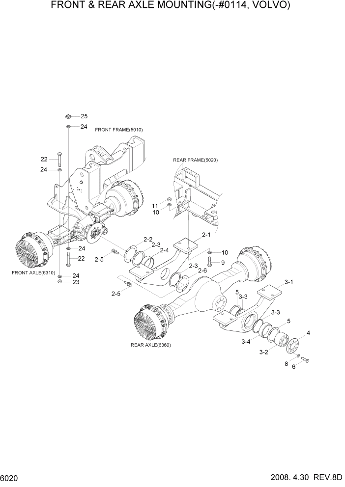 Схема запчастей Hyundai HL757TM7 - PAGE 6020 FRONT & REAR AXLE MOUNTING(-#0114,VOLVO) СИЛОВАЯ СИСТЕМА