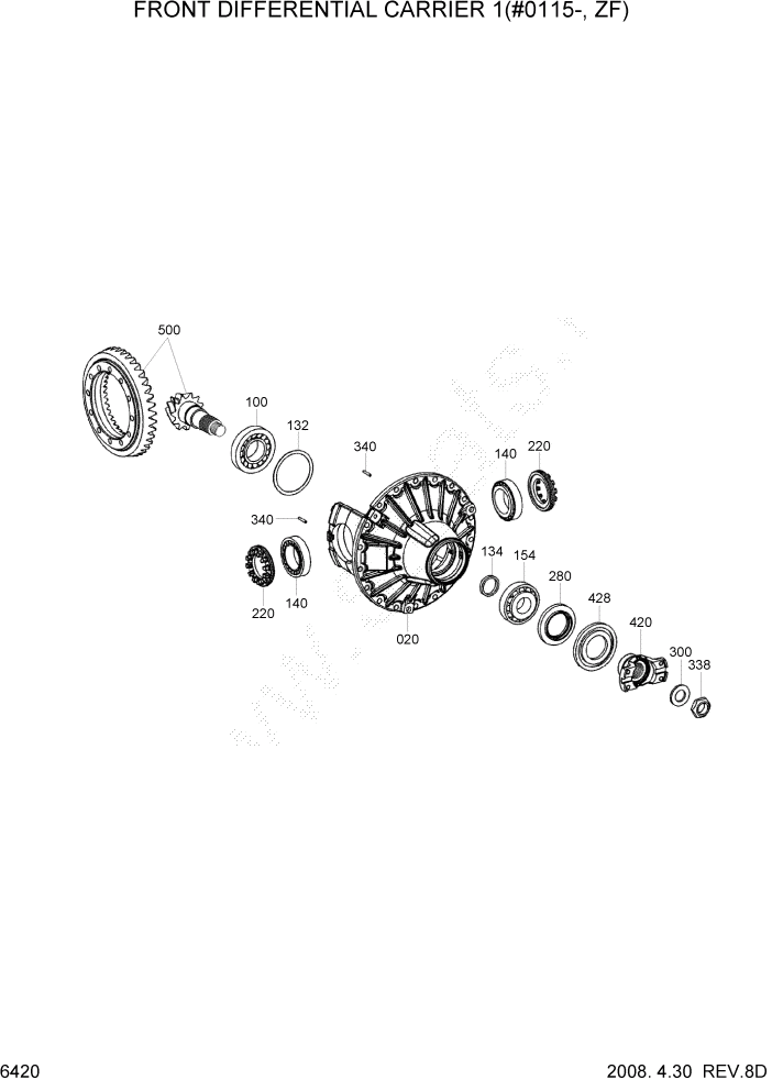 Схема запчастей Hyundai HL757TM7 - PAGE 6420 FRONT DIFFERENTIAL CARRIER 1(#0114-, ZF) СИЛОВАЯ СИСТЕМА