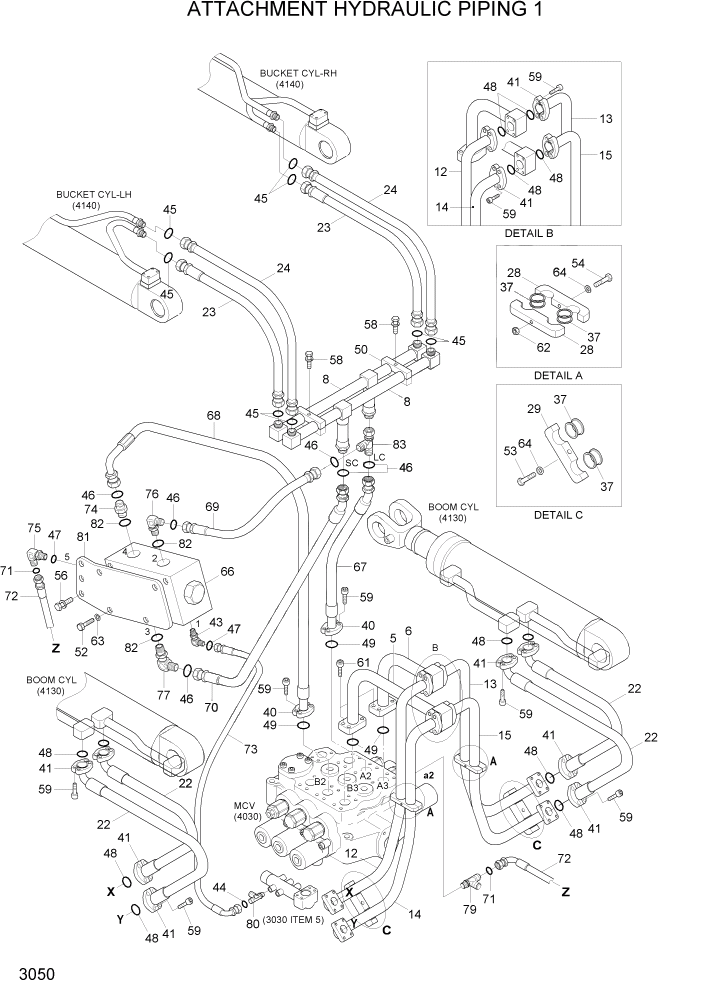 Схема запчастей Hyundai HL757TM7A - PAGE 3050 ATTACHMENT HYDRAULIC PIPING 1 ГИДРАВЛИЧЕСКАЯ СИСТЕМА