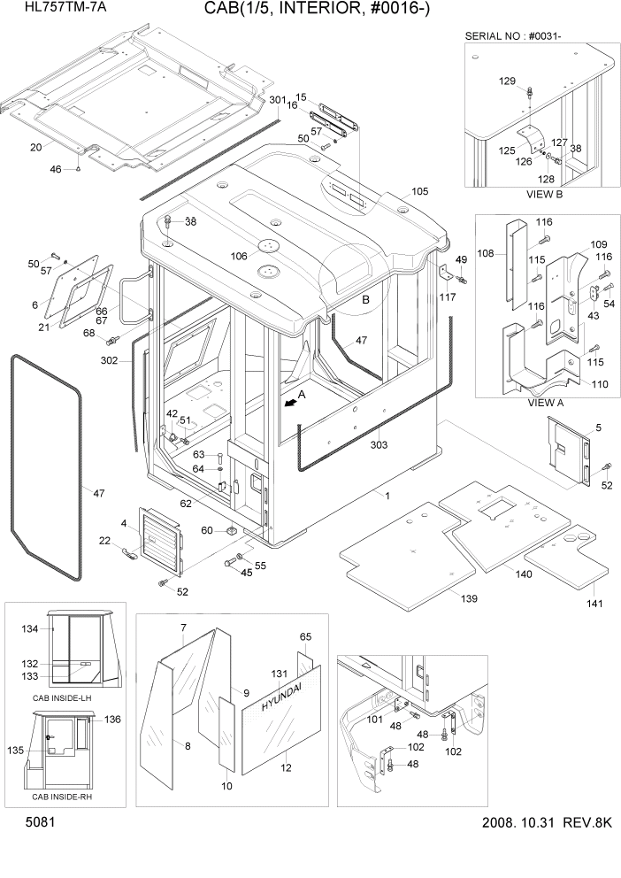 Схема запчастей Hyundai HL757TM7A - PAGE 5081 CAB(1/5, INTERIOR, #0016-) СТРУКТУРА