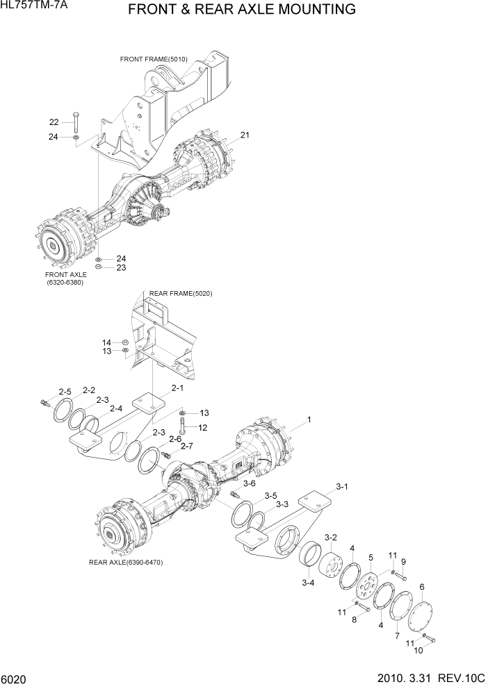 Схема запчастей Hyundai HL757TM7A - PAGE 6020 FRONT & REAR AXLE MOUNTING СИЛОВАЯ СИСТЕМА