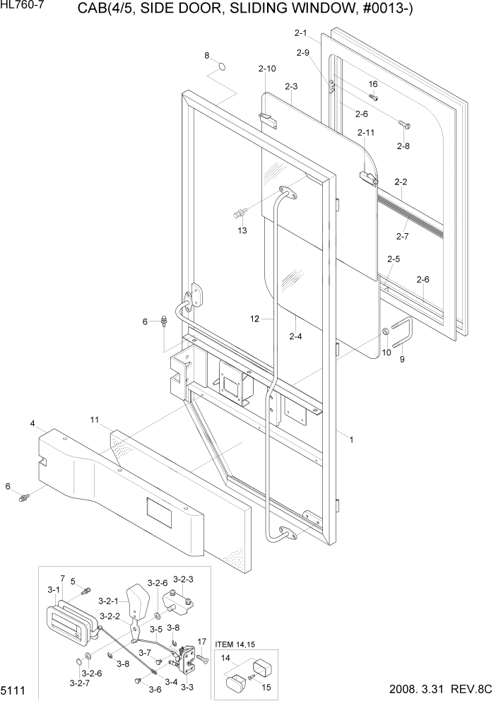 Схема запчастей Hyundai HL760-7 - PAGE 5111 CAB(4/5, SIDE DOOR, SLIDE WINDOW,#0013-) СТРУКТУРА