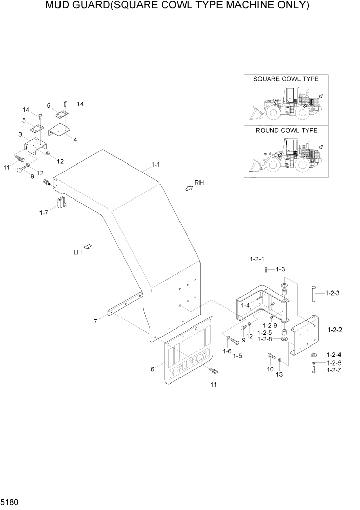 Схема запчастей Hyundai HL760-7 - PAGE 5180 MUD GUARD(SQUARE COWL TYPE) СТРУКТУРА