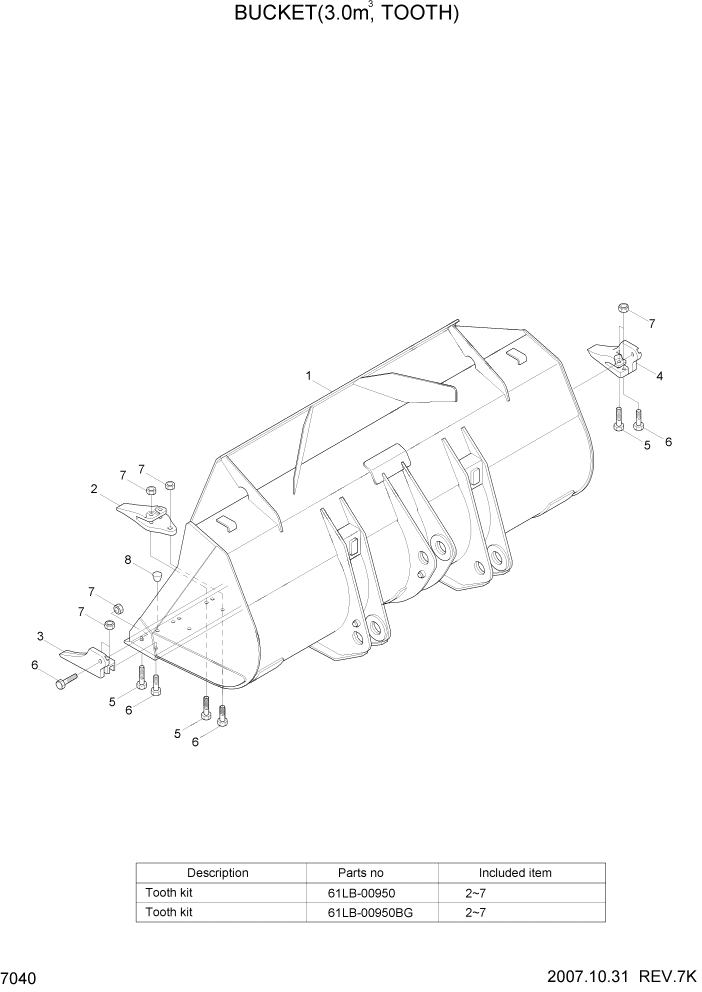 Схема запчастей Hyundai HL760-7 - PAGE 7040 BUCKET(3.0M3, TOOTH) РАБОЧЕЕ ОБОРУДОВАНИЕ