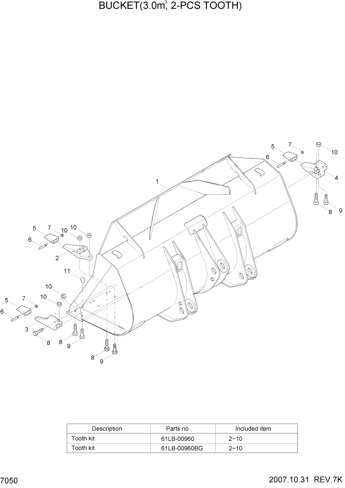 Схема запчастей Hyundai HL760-7 - PAGE 7050 BUCKET(3.0M3, 2-PCS TOOTH) РАБОЧЕЕ ОБОРУДОВАНИЕ