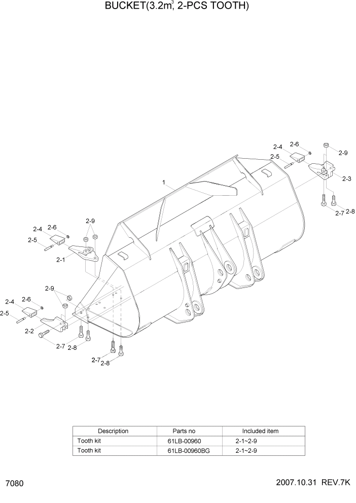 Схема запчастей Hyundai HL760-7 - PAGE 7080 BUCKET(3.2M3, 2-PCS TOOTH) РАБОЧЕЕ ОБОРУДОВАНИЕ