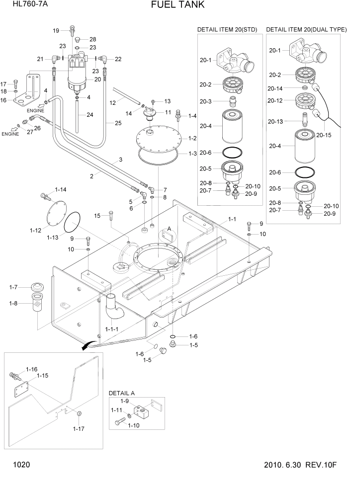 Схема запчастей Hyundai HL760-7A - PAGE 1020 FUEL TANK СИСТЕМА ДВИГАТЕЛЯ