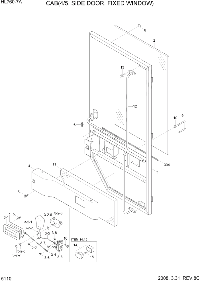 Схема запчастей Hyundai HL760-7A - PAGE 5110 CAB(4/5, SIDE DOOR, FIXED WINDOW) СТРУКТУРА