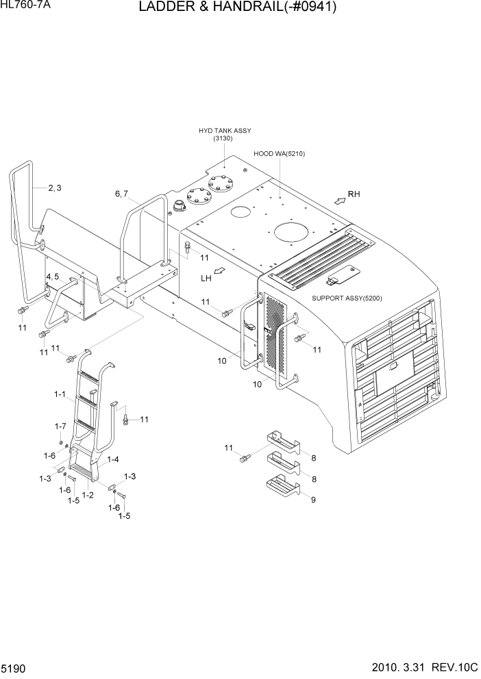 Схема запчастей Hyundai HL760-7A - PAGE 5190 LADDER & HANDRAIL(-#0941) СТРУКТУРА