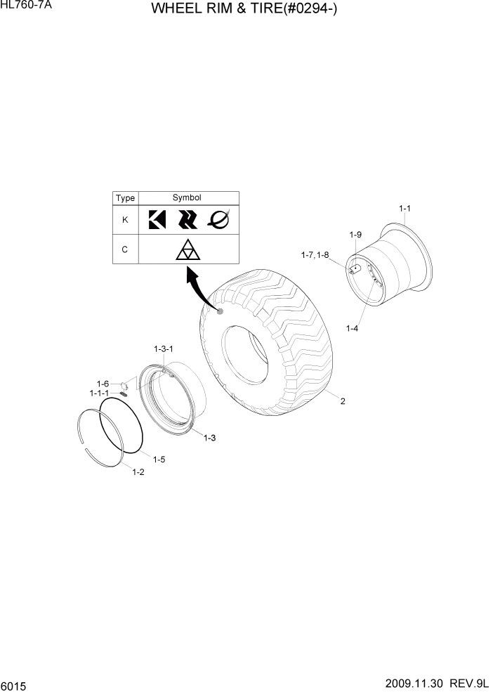 Схема запчастей Hyundai HL760-7A - PAGE 6015 WHEEL RIM & TIRE(#0294-) СИЛОВАЯ СИСТЕМА