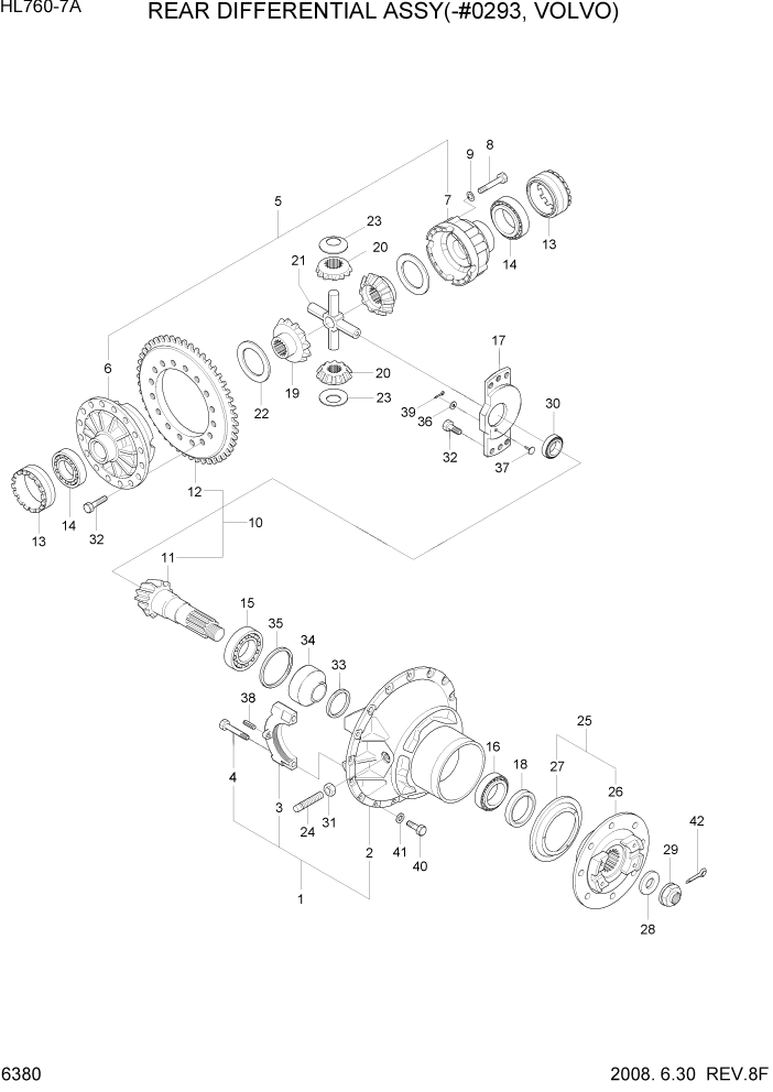 Схема запчастей Hyundai HL760-7A - PAGE 6380 RR DIFFERENTIAL ASSY(-#0293, VOLVO) СИЛОВАЯ СИСТЕМА