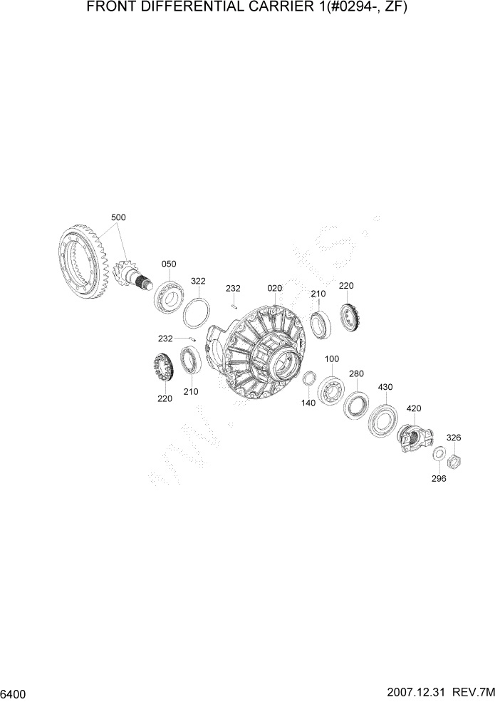 Схема запчастей Hyundai HL760-7A - PAGE 6400 FRONT DIFFERENTIAL CARRIER 1(#0294-, ZF) СИЛОВАЯ СИСТЕМА