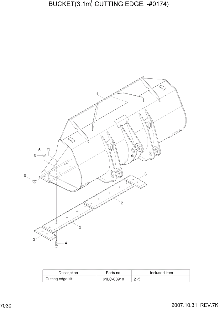 Схема запчастей Hyundai HL760-7A - PAGE 7030 BUCKET(3.1M3, CUTTING EDGE, -#0174) РАБОЧЕЕ ОБОРУДОВАНИЕ