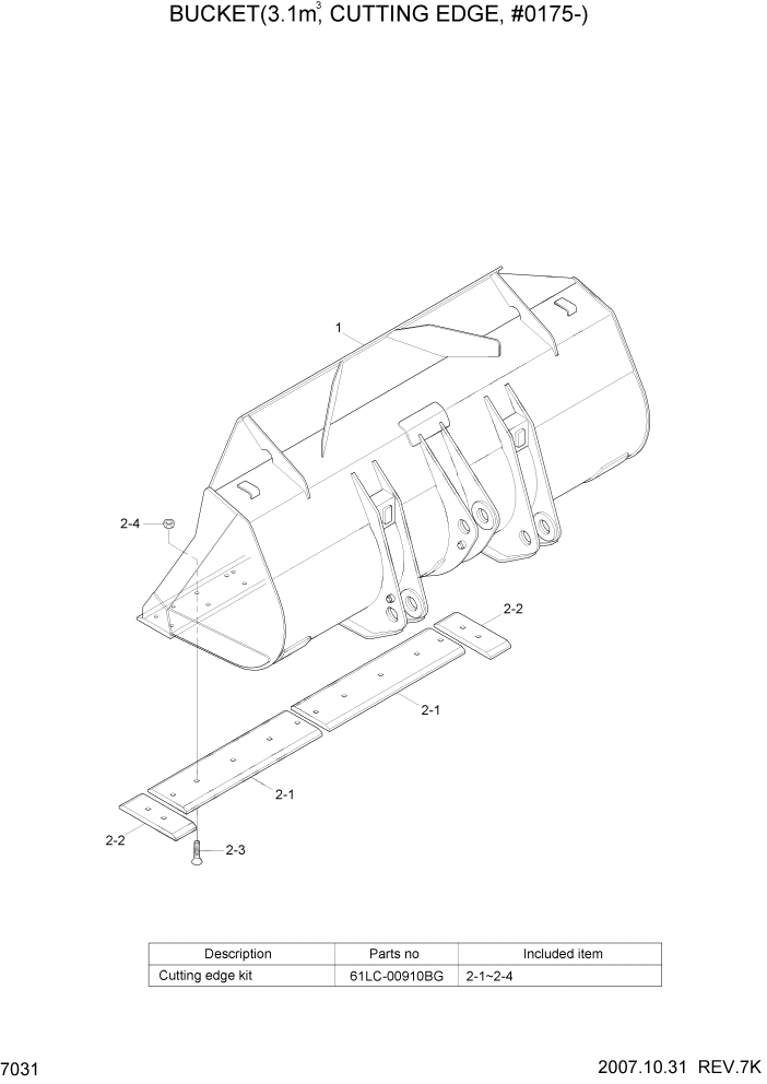 Схема запчастей Hyundai HL760-7A - PAGE 7031 BUCKET(3.1M3, CUTTING EDGE, #0175-) РАБОЧЕЕ ОБОРУДОВАНИЕ