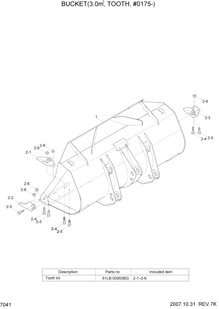 Схема запчастей Hyundai HL760-7A - PAGE 7041 BUCKET(3.0M3, TOOTH, #0175-) РАБОЧЕЕ ОБОРУДОВАНИЕ