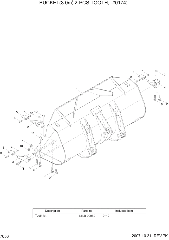 Схема запчастей Hyundai HL760-7A - PAGE 7050 BUCKET(3.0M3, 2-PCS TOOTH, -#0174) РАБОЧЕЕ ОБОРУДОВАНИЕ